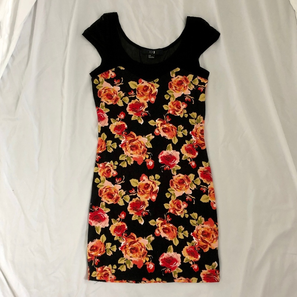 Forever 21 Floral Bodycon Black Dress Sheer in S